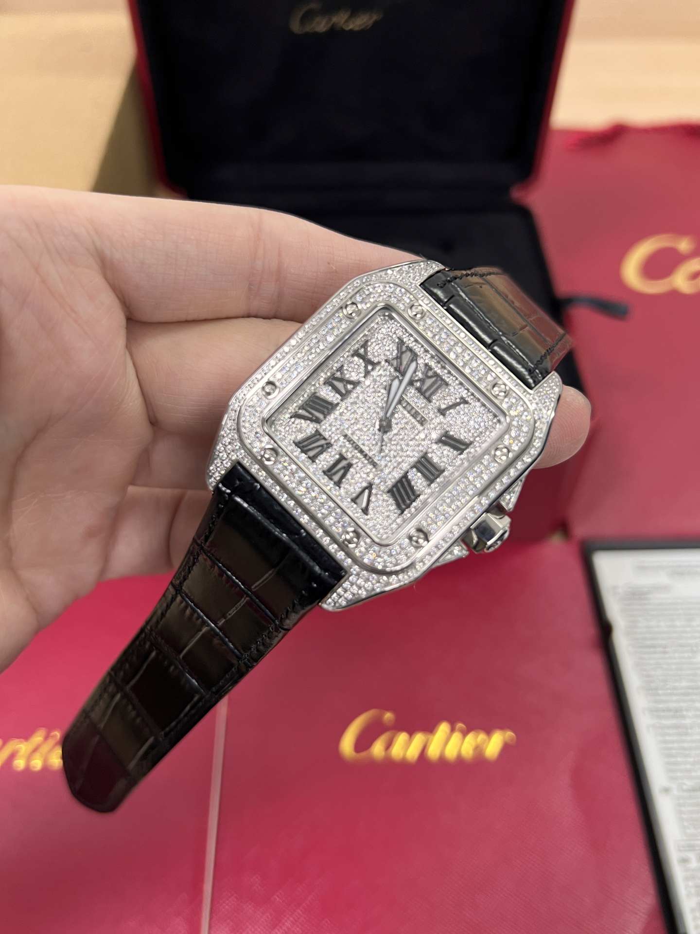 Cartier Santos 100 (W20073X8)  (full diamond version) ETA 2824 movement, 44mm stainless steel, with artificial zircon leather strap and sapphire crystal.