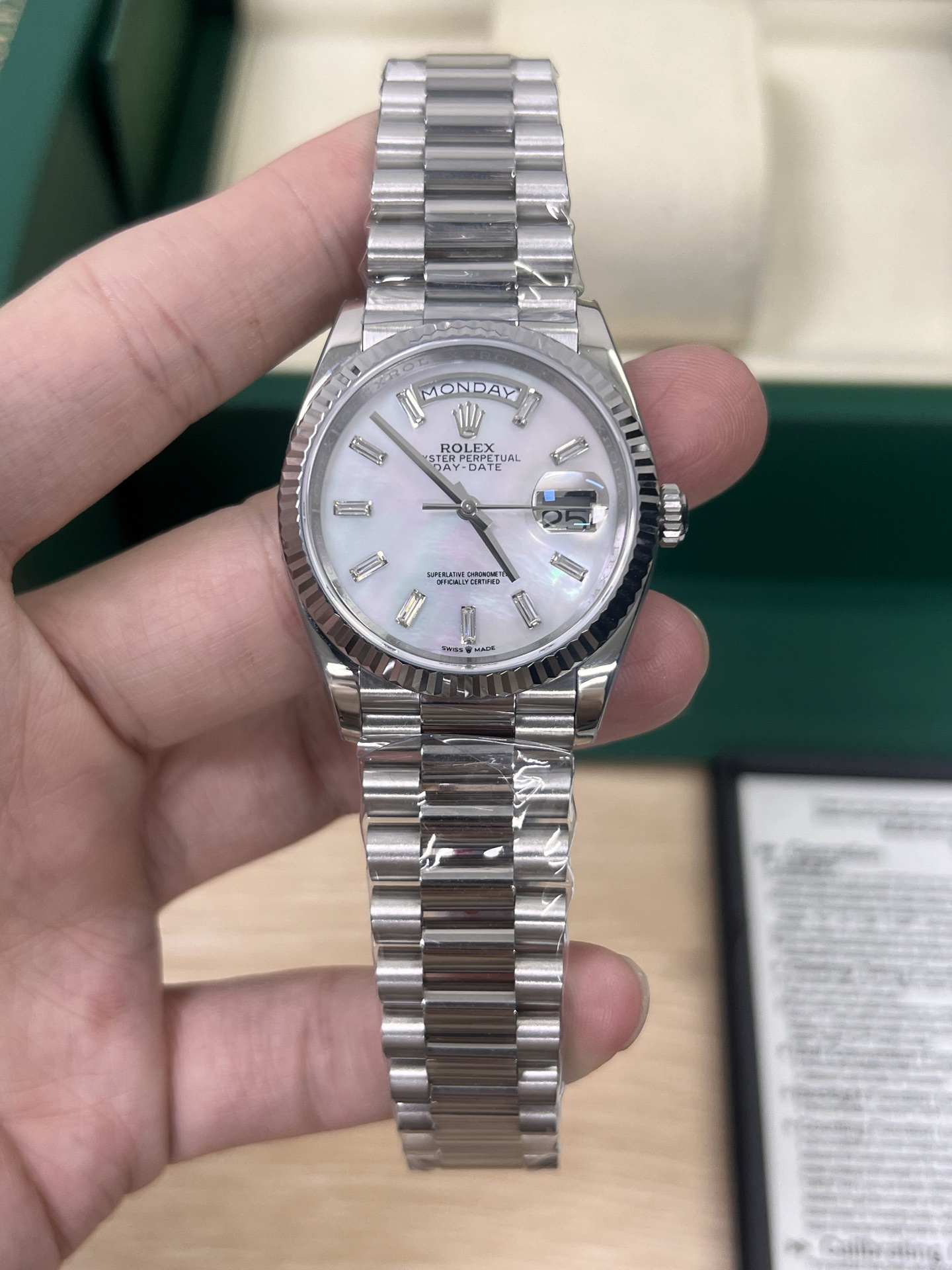 Rolex Day-Date 36 mother-of-pearl dial and diamond markers.  (128238)